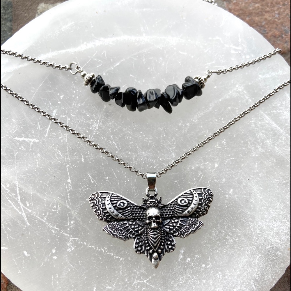 Double layer moth skull moon charm & gems of your choice goth boho - Picture 8 of 16